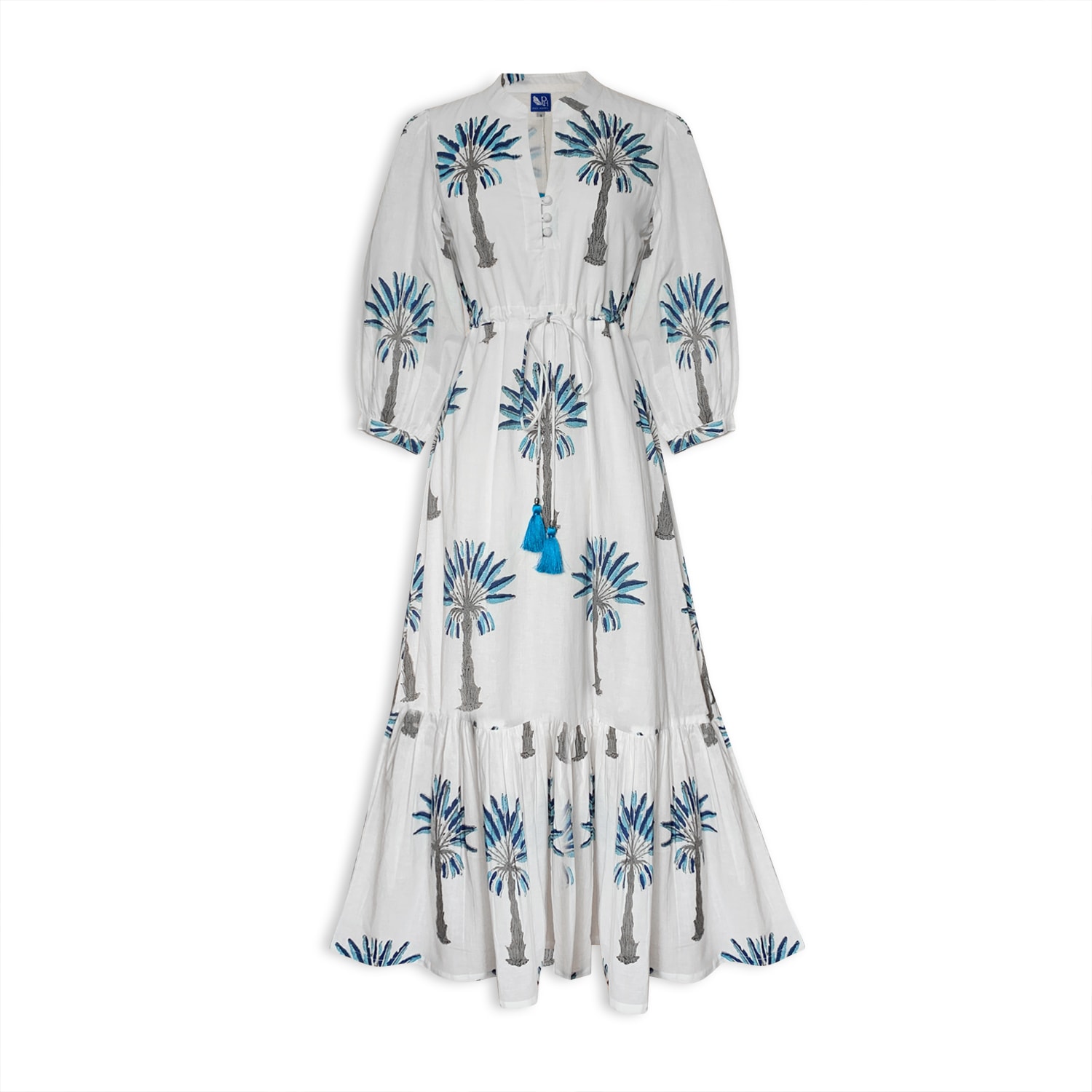 Pick Happy Women's White Mermaid Maxi Dress Palm Tree Fully Lined Handblock Cotton In White