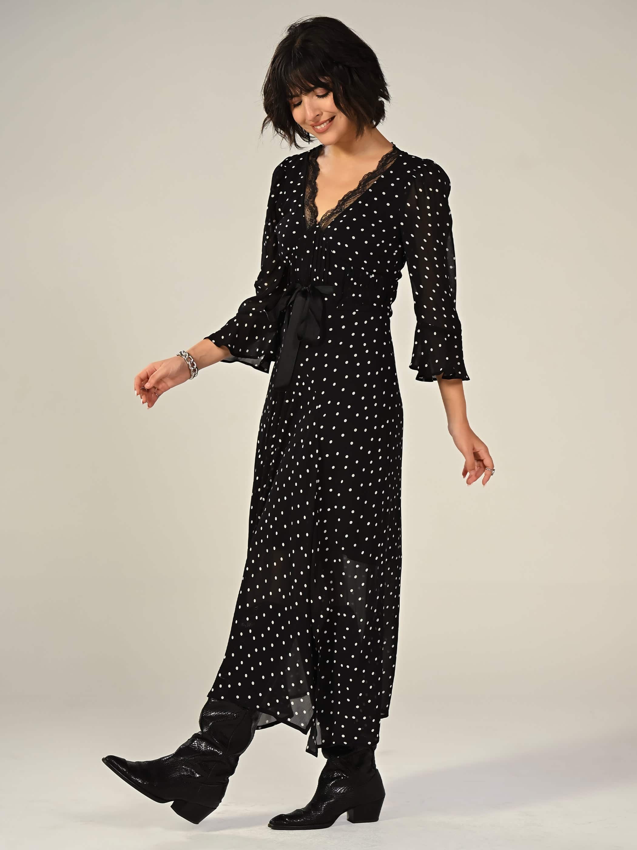 Chloe Black Polka Dot Lace Trim Tie Waist Maxi Dress | Rose