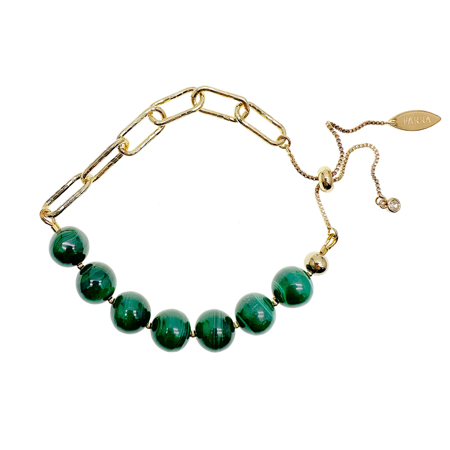 Farra Women's Green Round Malachite Adjustable Chain Bracelet