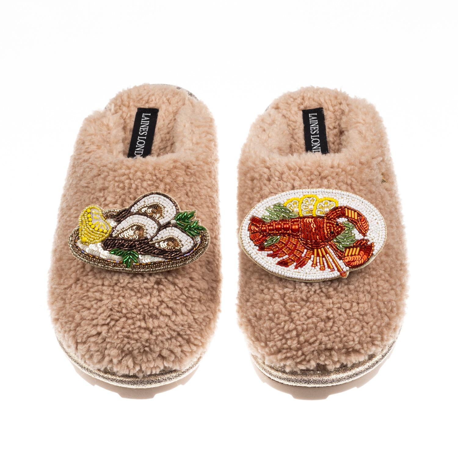Laines London Women's Brown / Neutrals Teddy Closed Toe Slippers With Lobster Platter & Oyster Brooches - Toffee In Brown