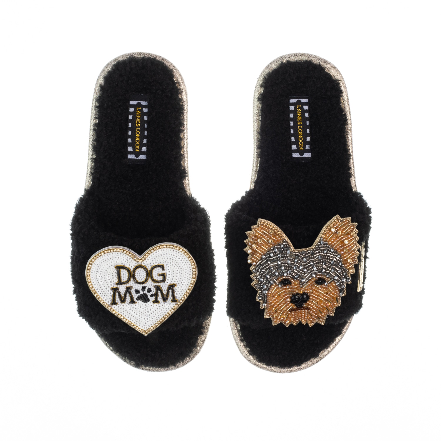 Women’s Teddy Toweling Slippers With Minnie Yorkie & Dog Mum /Mom Brooches - Black Extra Large Laines London