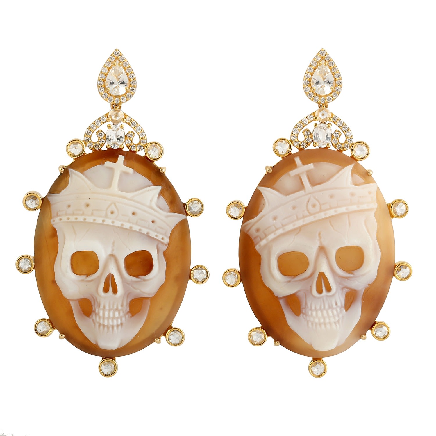 Women’s White / Brown / Gold Shell Cameos Skull Diamond Sapphire Yellow Gold Dangle Earrings Jewelry Artisan