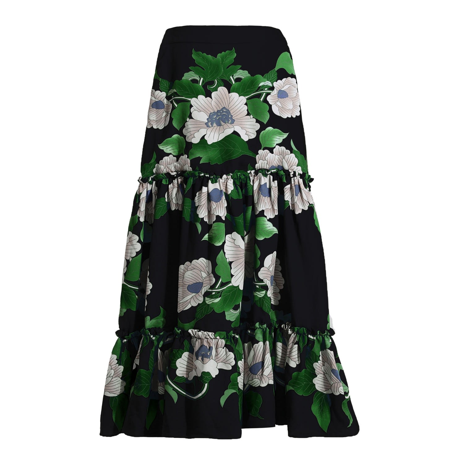 Women’s Long Flower Print Tiered Skirt - Green Small Smart and Joy