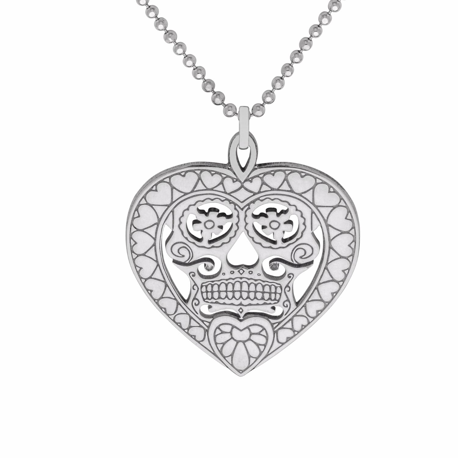 Women’s Medium Silver Sugar Skull Heart Pendant Necklace Cartergore