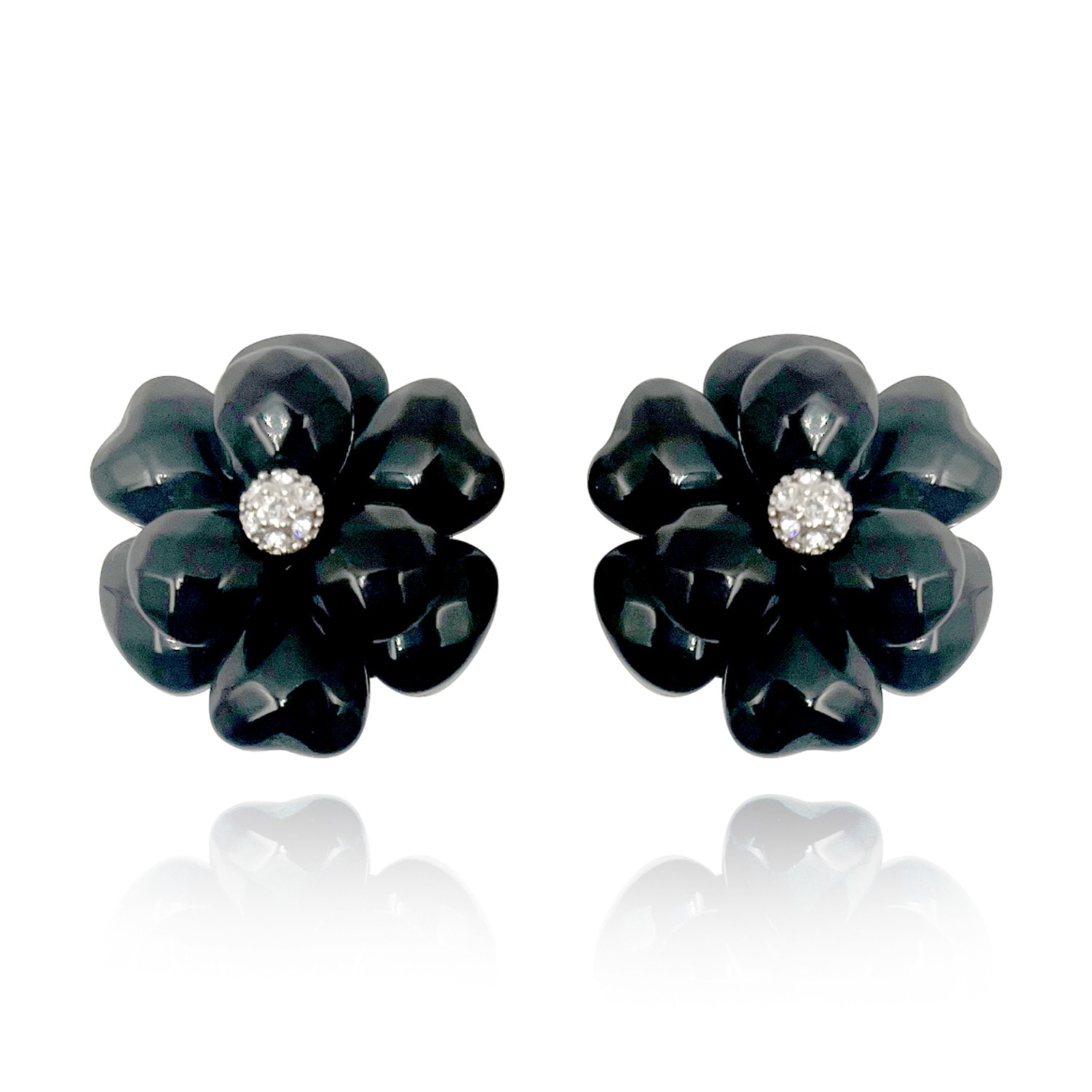 Women’s Black Enamel Three Dimensional Clip On Floral Earring With Crystal Pave Center Michael Nash Jewelry