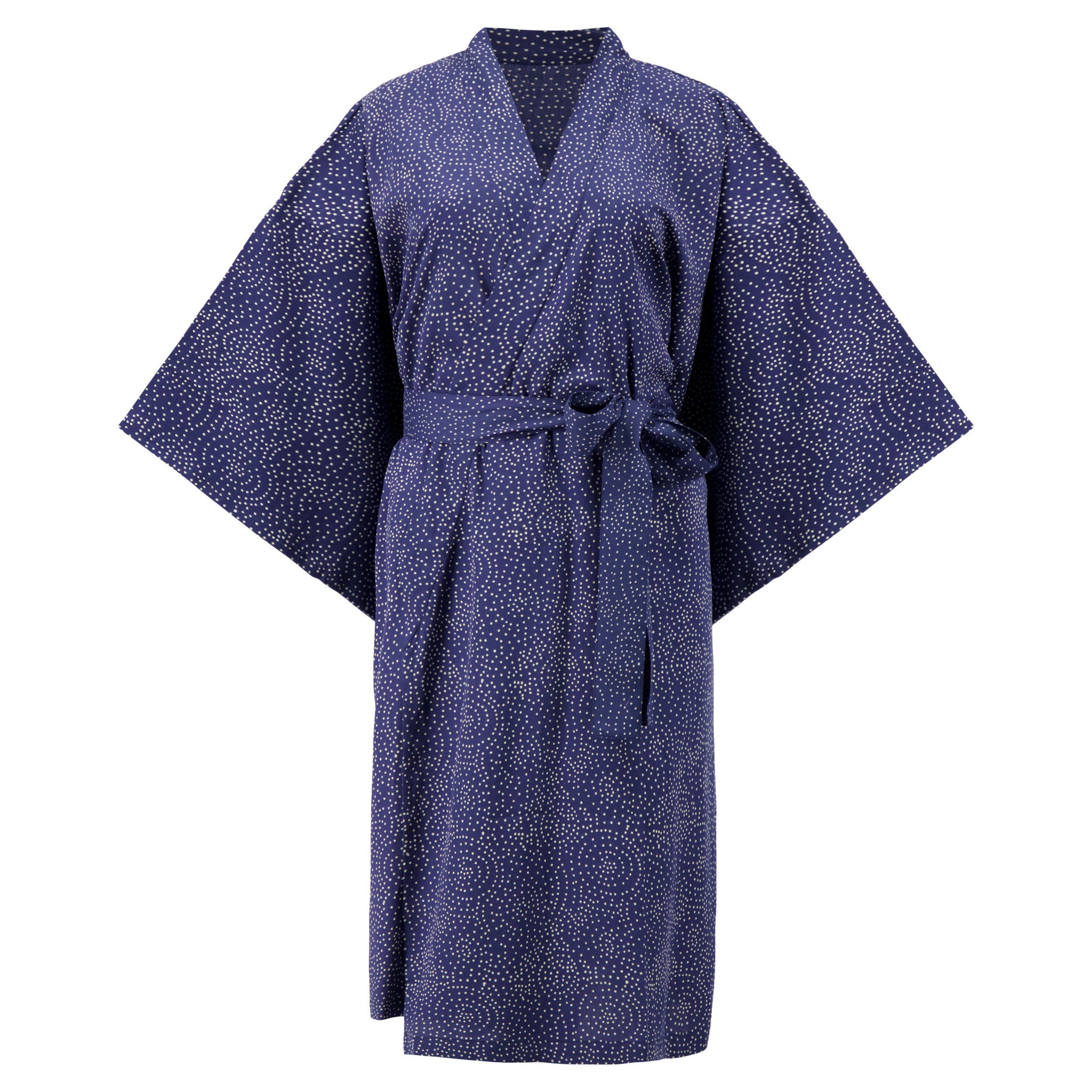 Kate Austin Designs Women's Blue / White Lena Organic Cotton Lounge Kimono Robe With Obi Belt Tie And Hidden Sleeve Pock