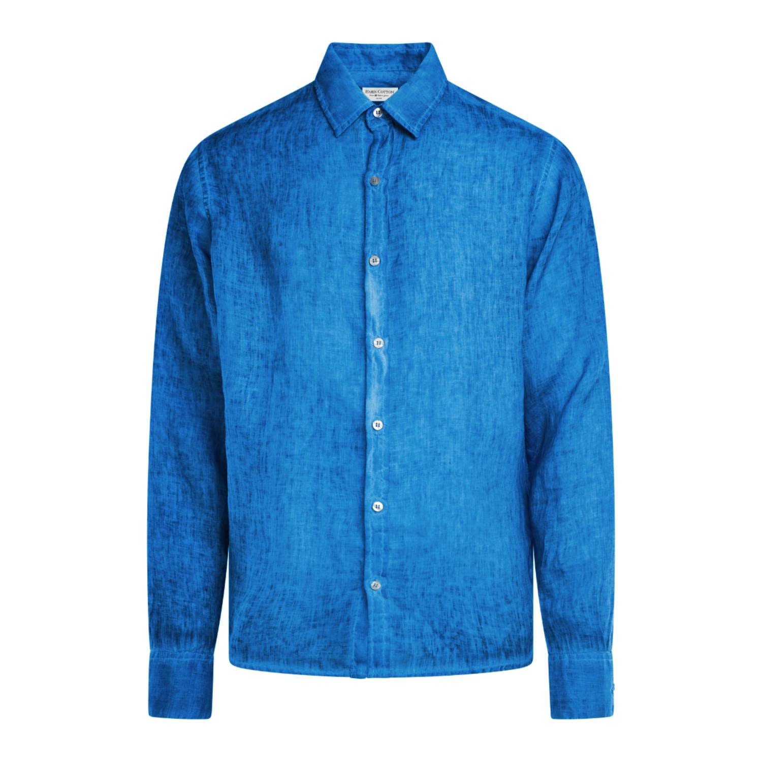 Haris Cotton Men's Blue Linen Freddo Dye Basic Long-sleeved Shirt - Cobalt Freddo