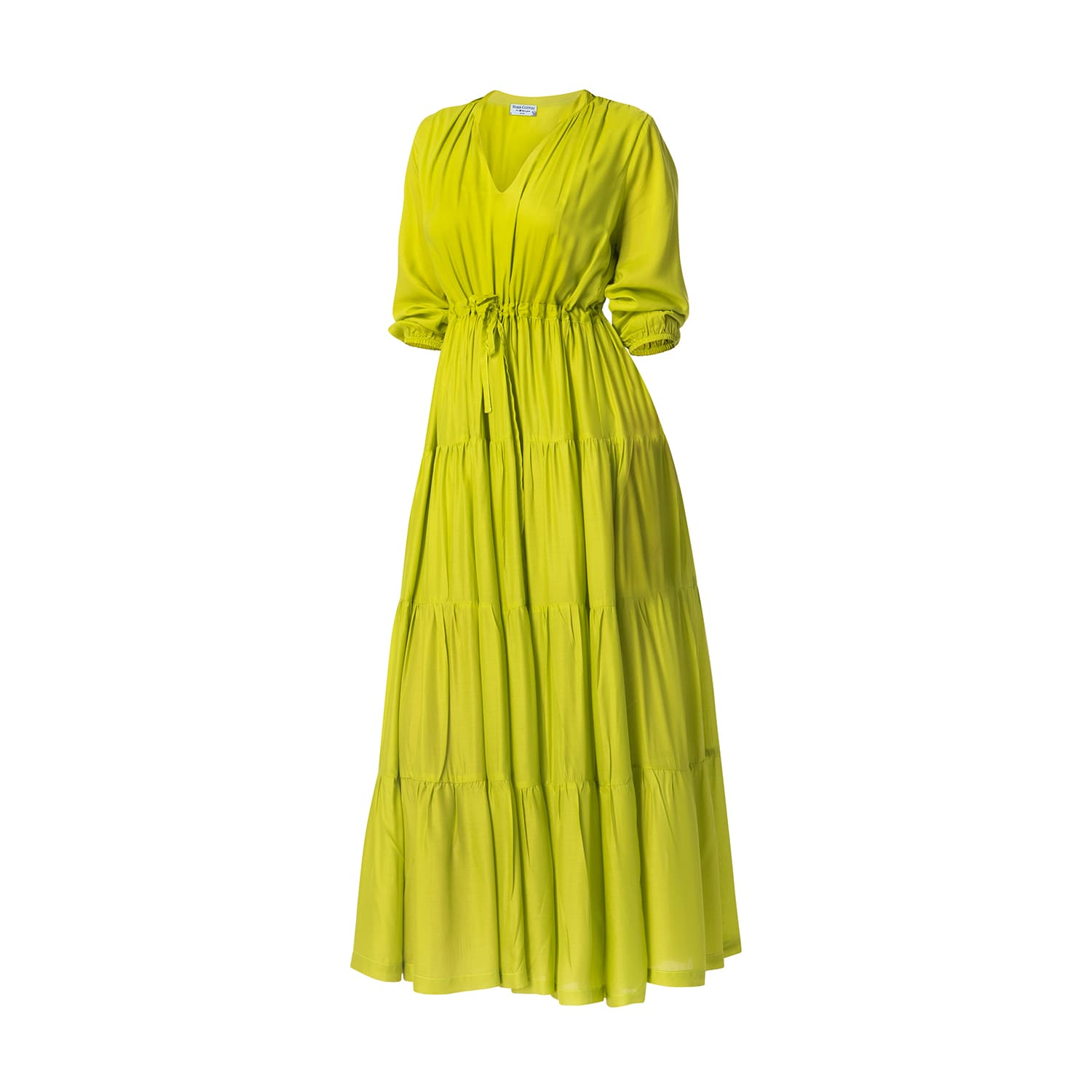 Haris Cotton Women's Green Voile Viscose Maxi Dress With Balloon Sleeves And Drawstring Lime In Green