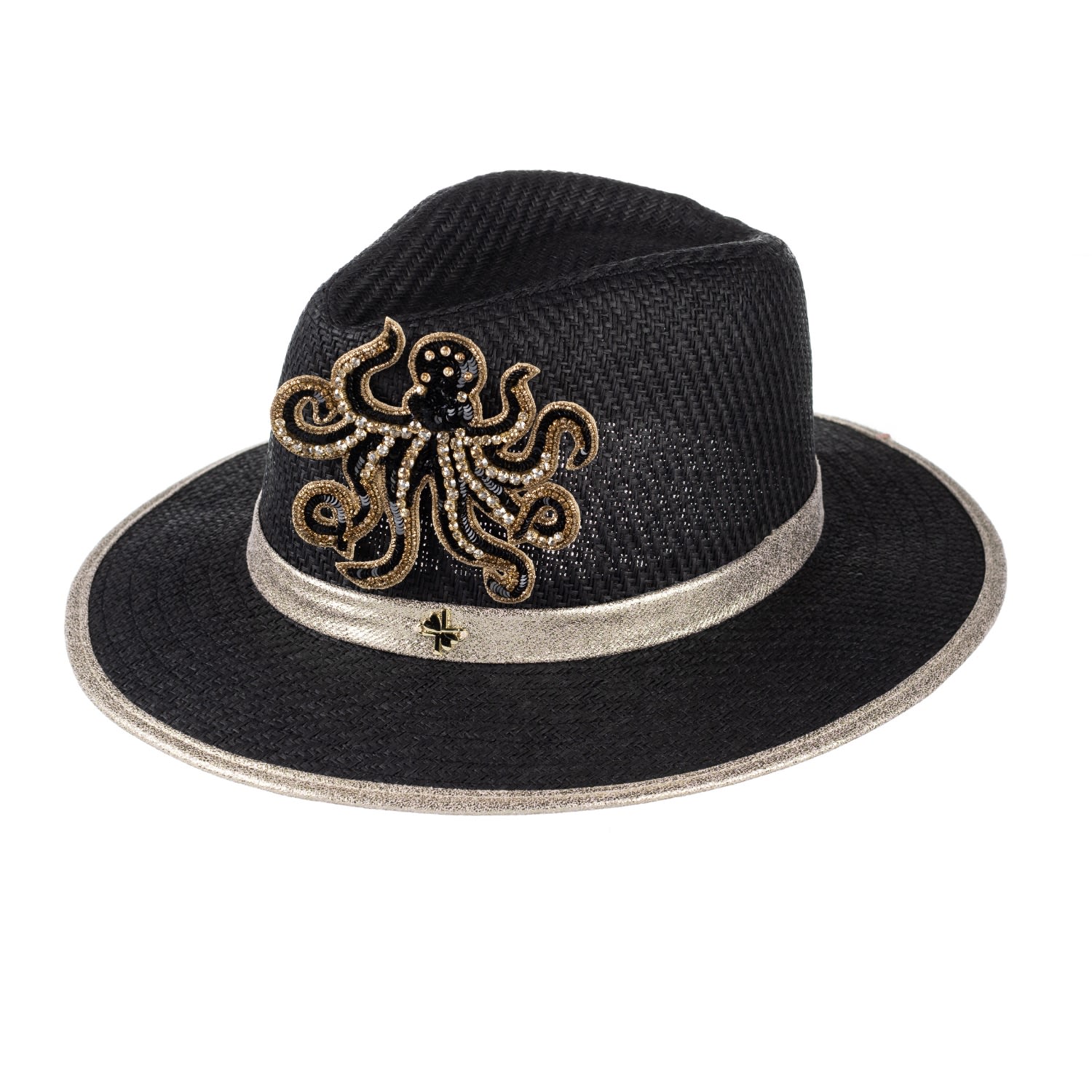 Women’s Straw Woven Hat With Embellished Black & Gold Octopus Brooch - Black One Size Laines London