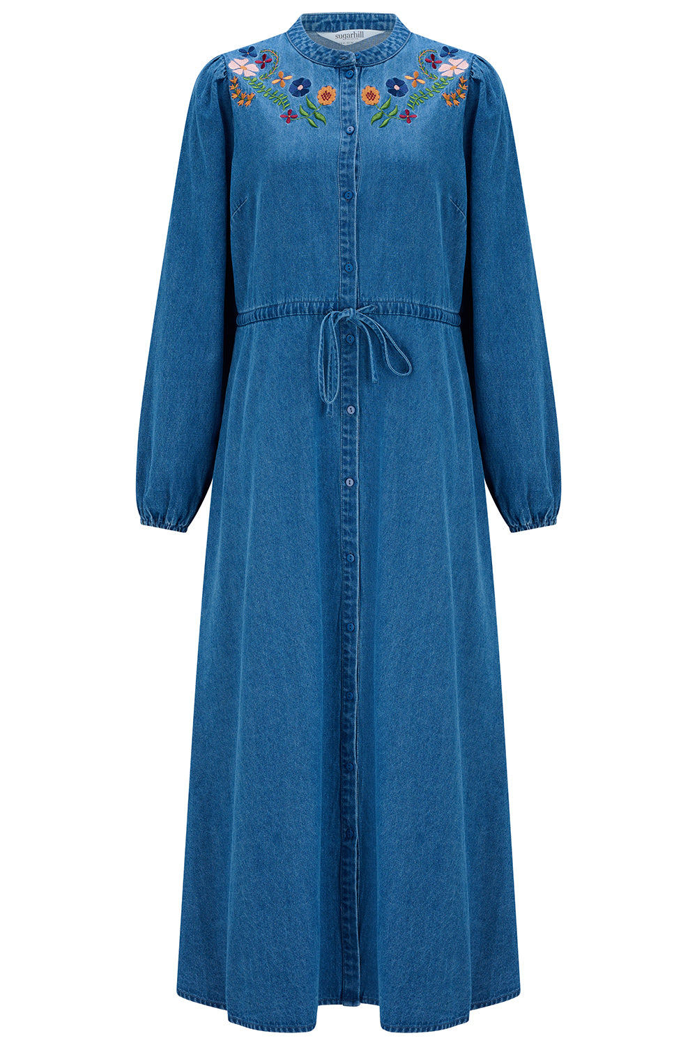 Sugarhill Brighton Women's Ivana Denim Midi Shirt Dress Blue Floral Embroidery
