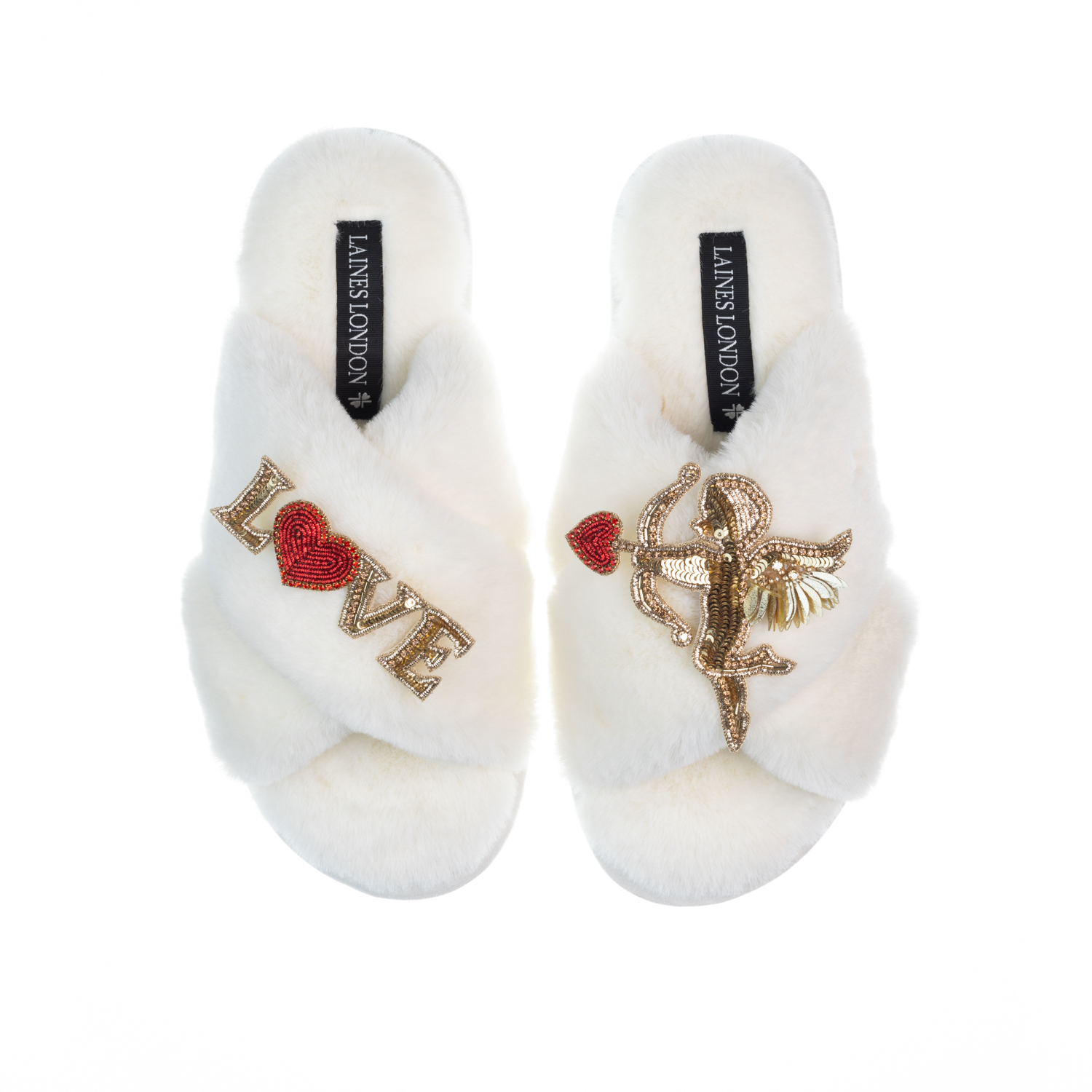 Classic Laines Slippers With Red & Gold Pucker Up Brooches - Cream, LAINES  LONDON