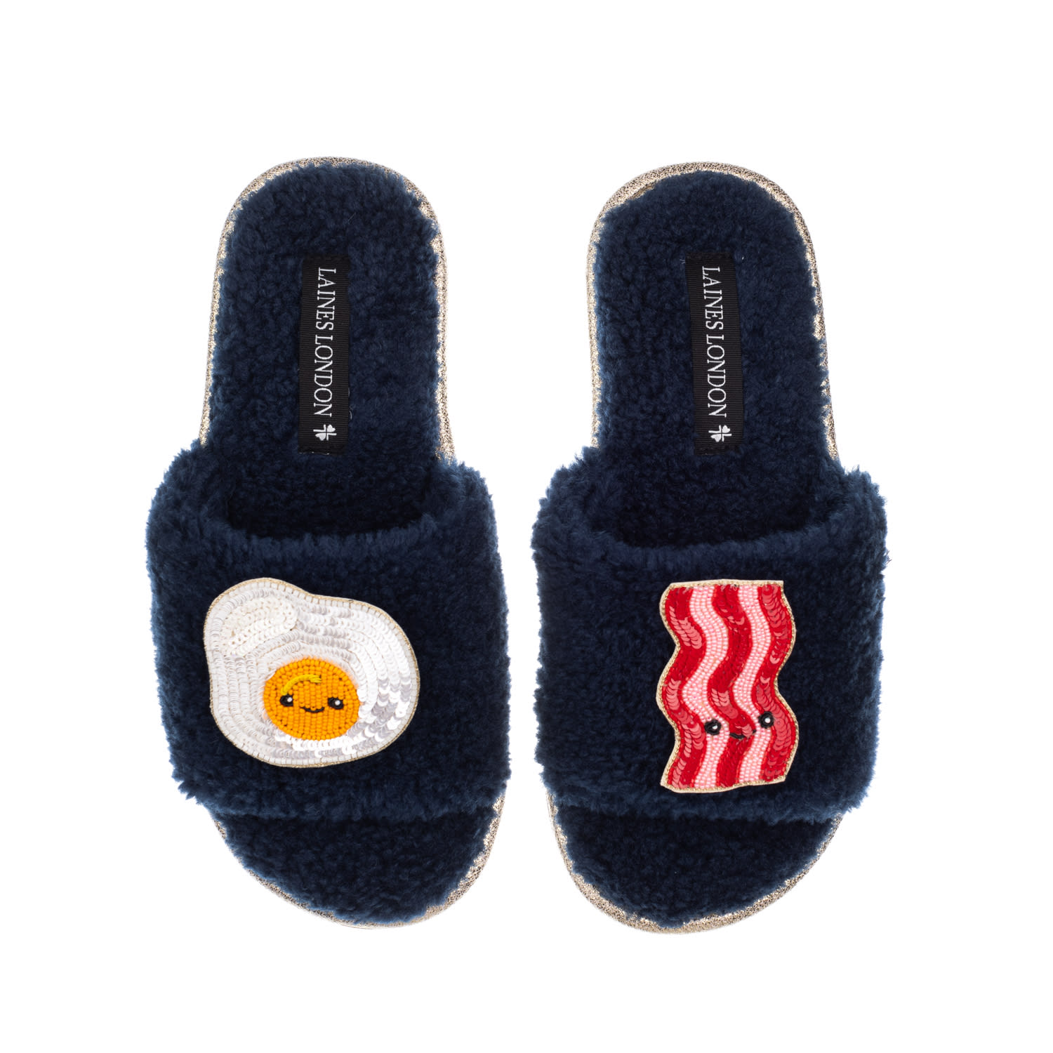 Laines London Women's Blue Teddy Slider Slippers With Laines Loveables Egg & Bacon Brooches - Navy In Blue