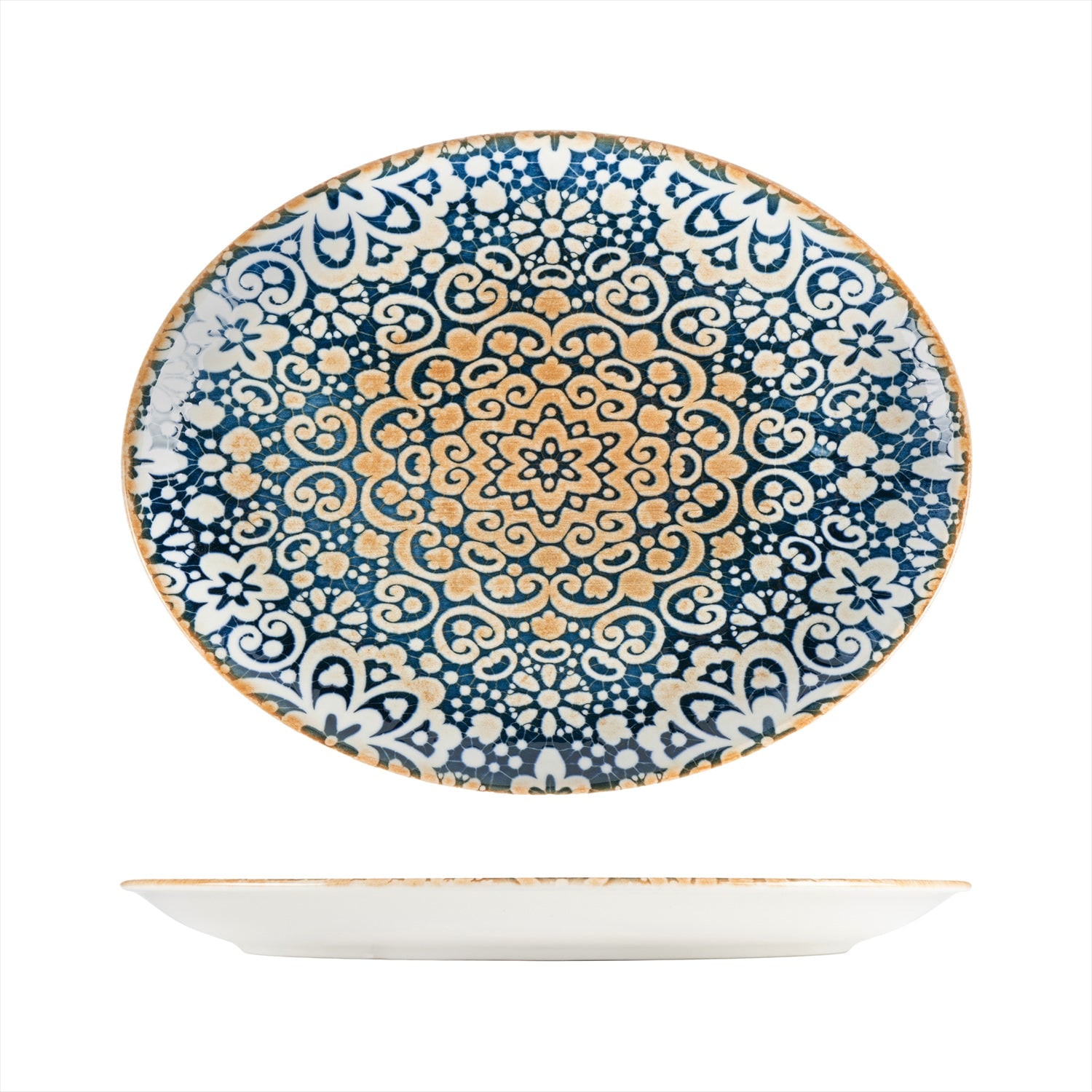 Turgla Home Blue / Brown Alhambra Oval Decorated Porcelain Sharing, Family Dinner Platter