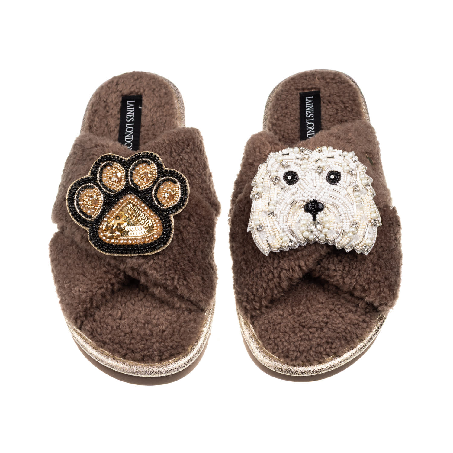 Laines London Women's Brown / Neutrals Laines Neutral Boucle Slippers With Queenie The Bichon & Paw Brooches - Min