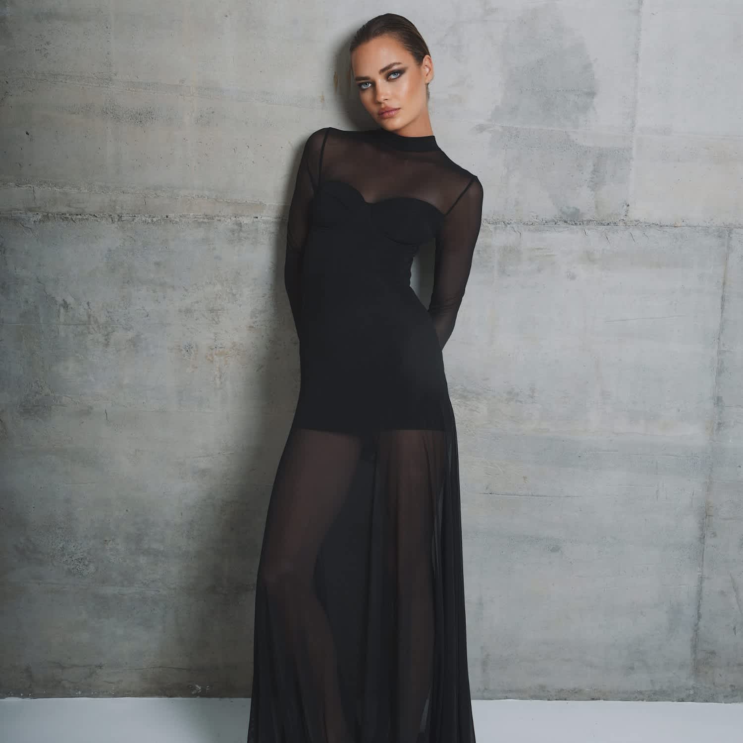 long black mesh dress La Salle Ruched Mesh Maxi Dress Black