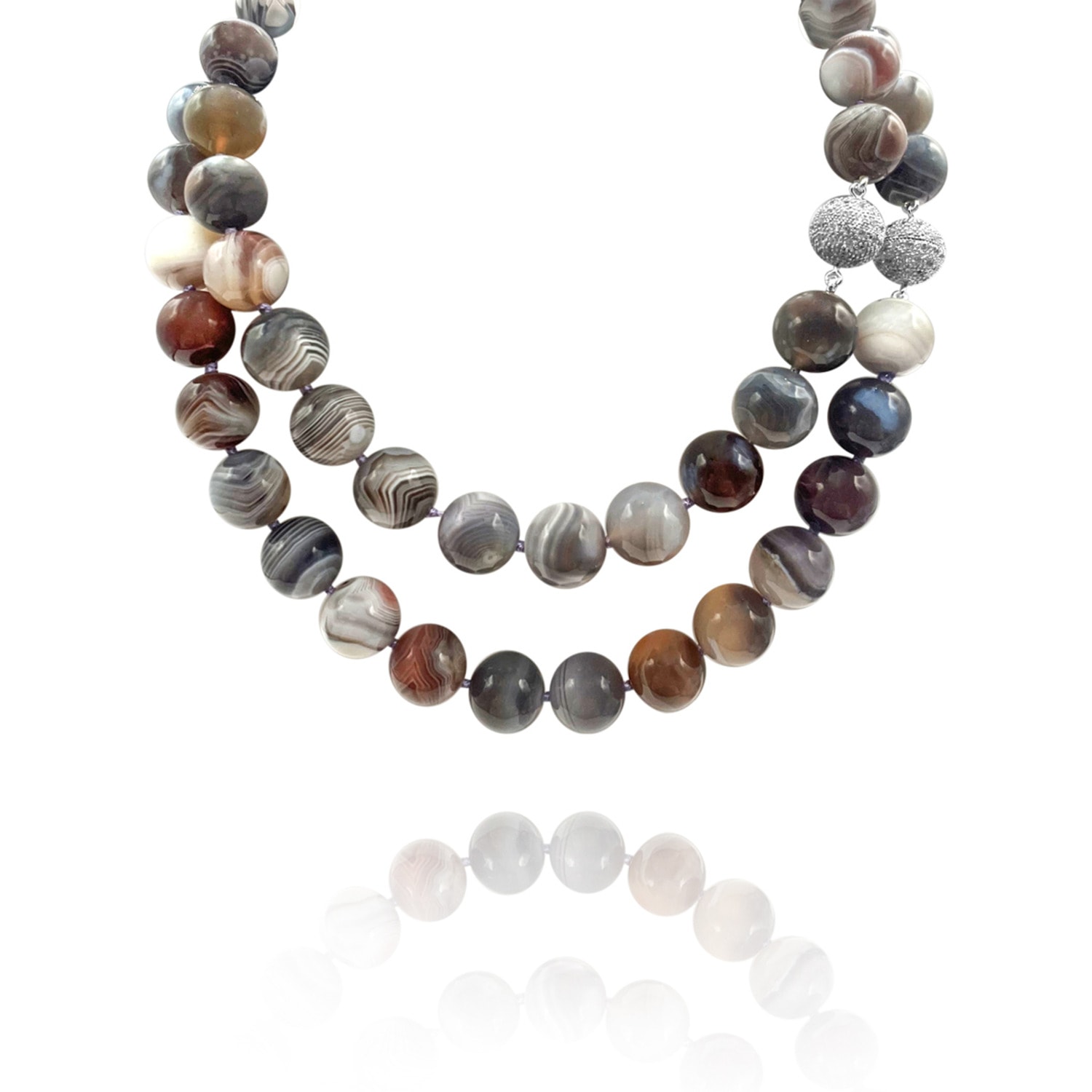 Women’s Brown / Grey Double Strand Botswana Agate Necklace With Sterling Silver Cubic Zirconium Clasps Michael Nash Jewelry