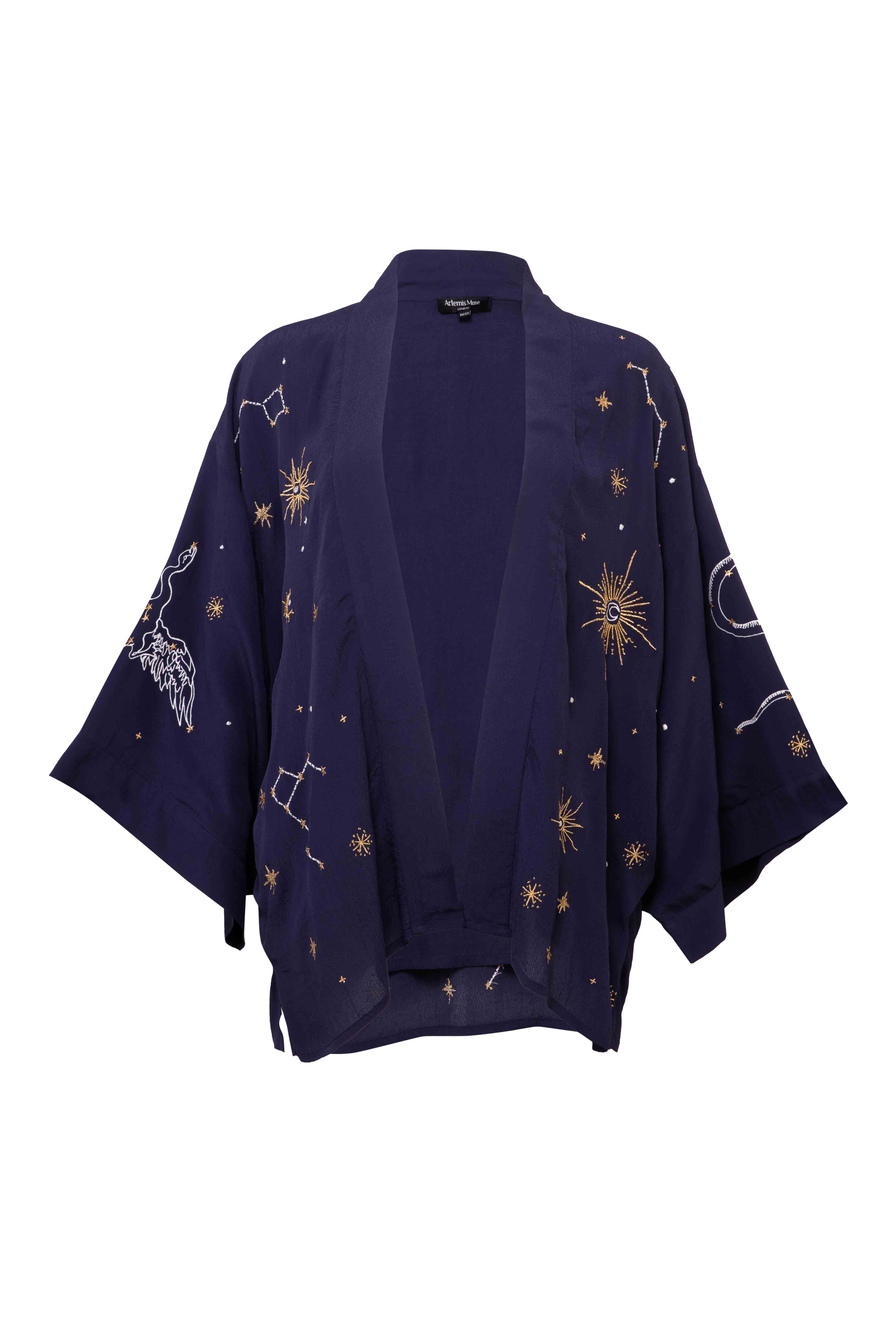 Women&rsquo;s Blue Cosmos Embroidered Navy, white & Gold Fully Lined Short Kimono | One Size | Artemis Muse