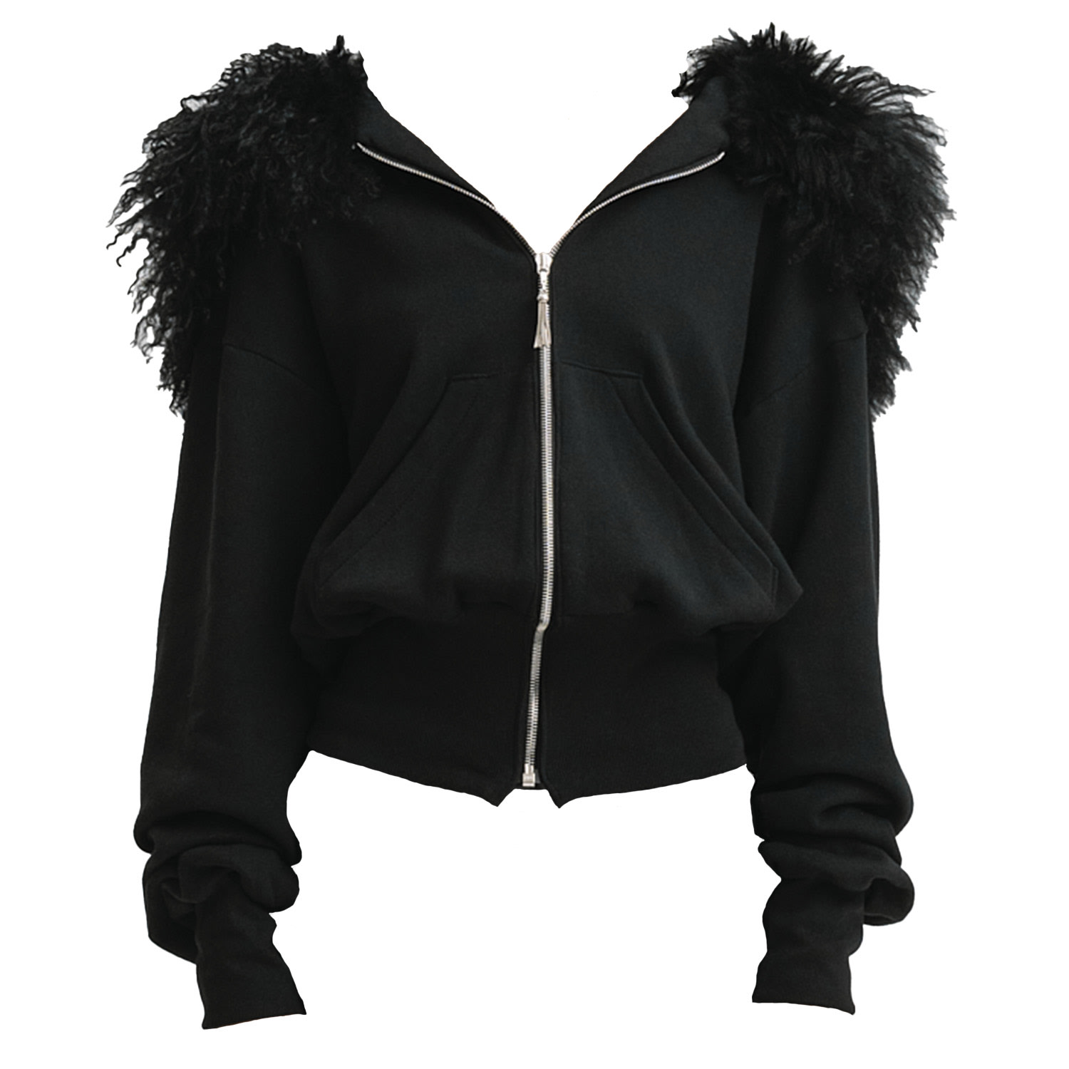 Galleriadele Women's Black Mongolian Fur Trim Hoodie In Black