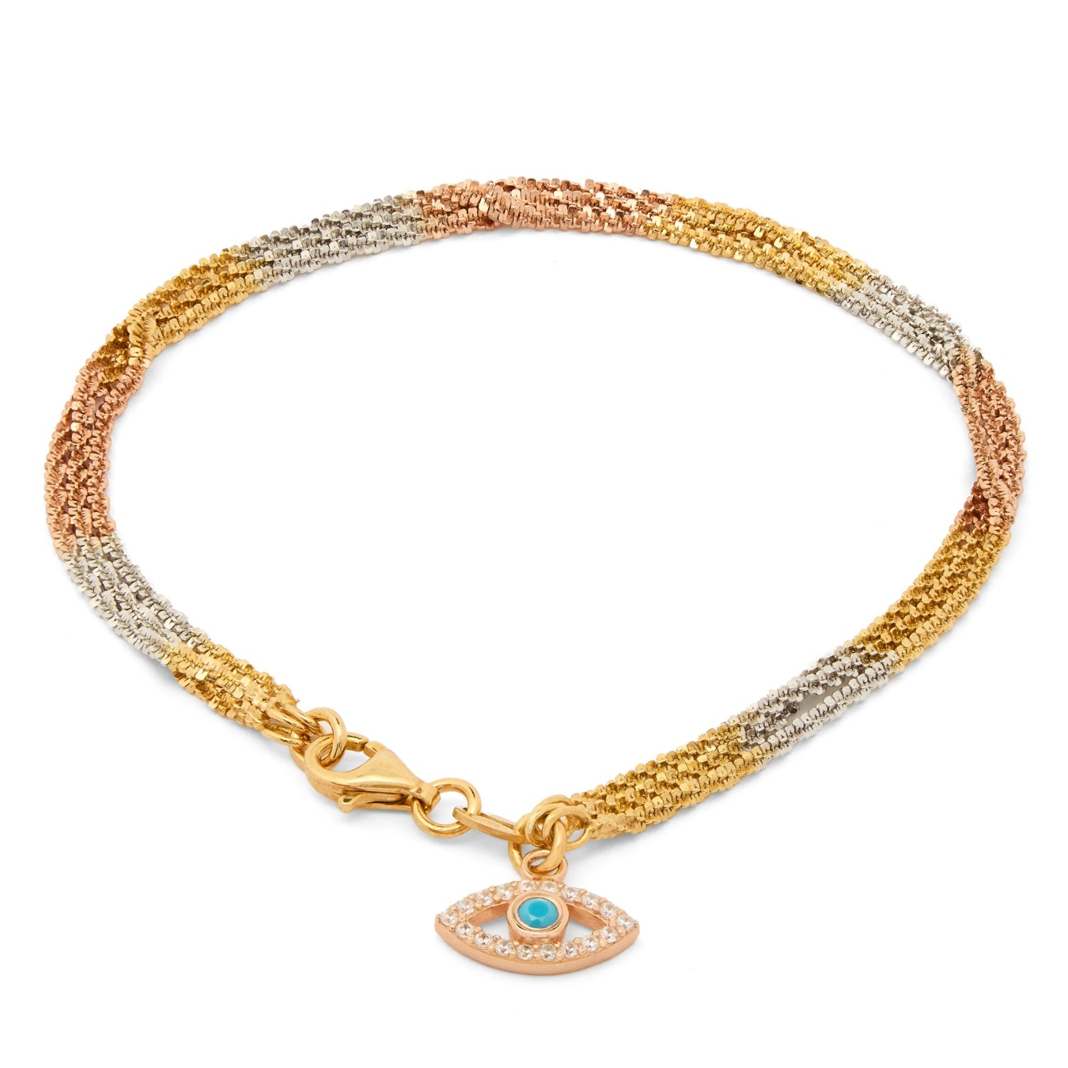 Women&rsquo;s Rose Gold / Gold / Silver Triple Gold, Silver And Rose Gold Bracelet With Evil Eye Charm Drop | Kaizarin