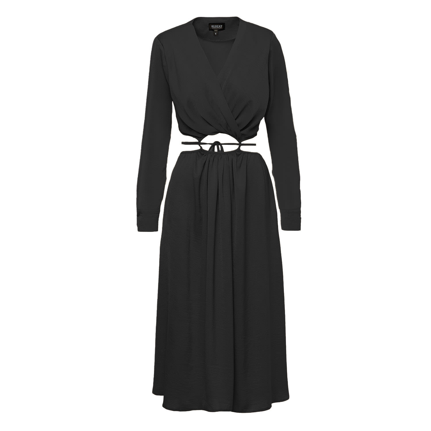 Bluzat Women's Black Midi Dress With Waist Cut-out