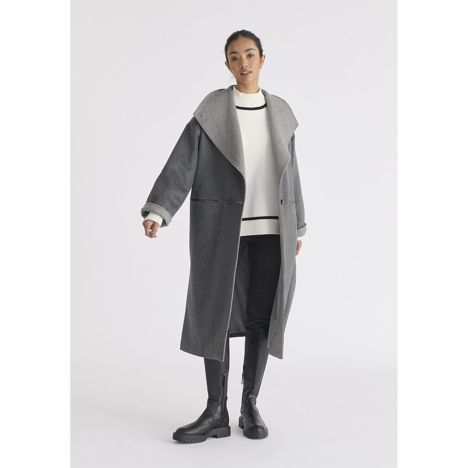 Two-Tone Double Breasted Wool Blend Coat In Grey | PAISIE | Wolf