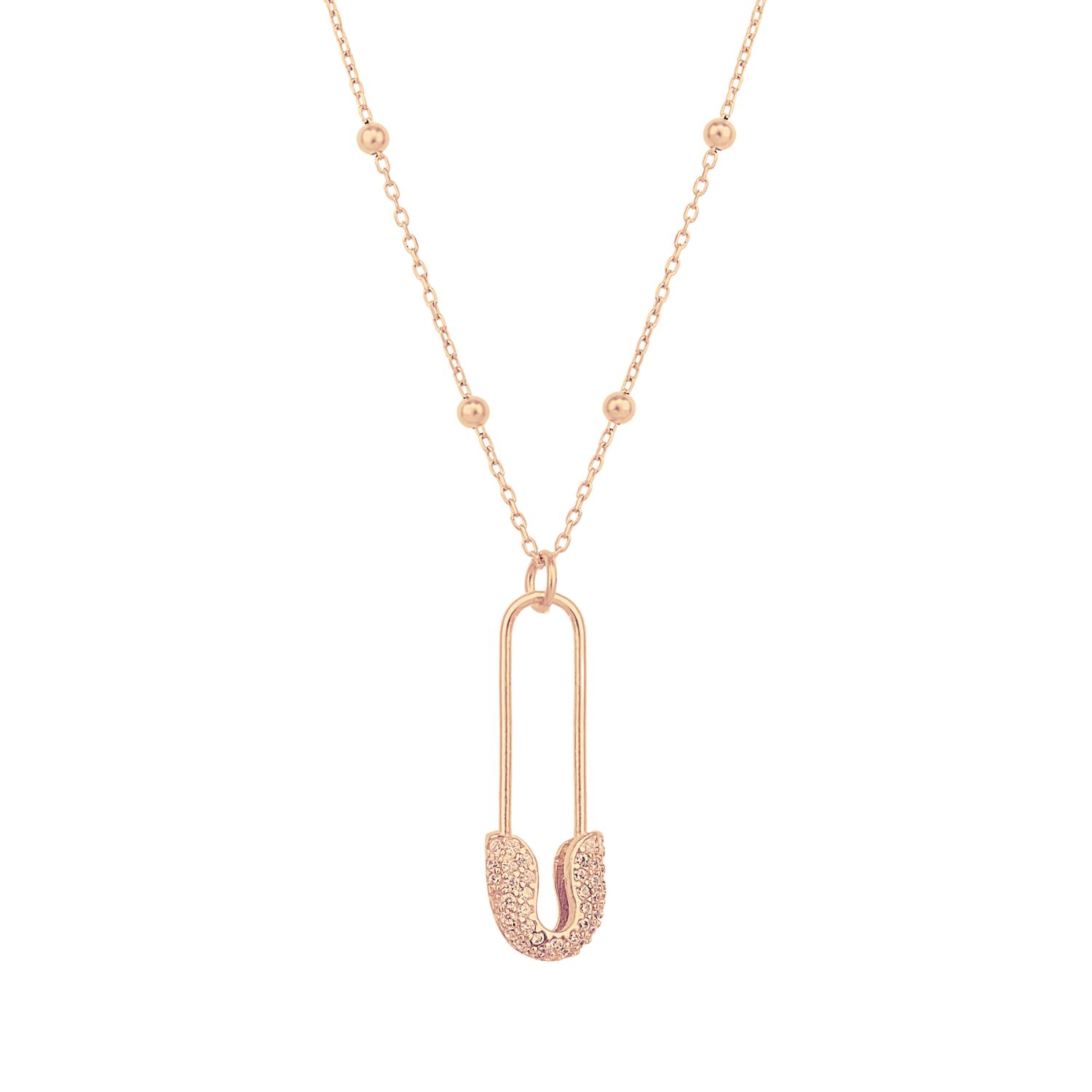 Women’s Pave Safety Pin Necklace Jewelled With Beaded Chain In Sterling Silver - Rose Gold Spero London