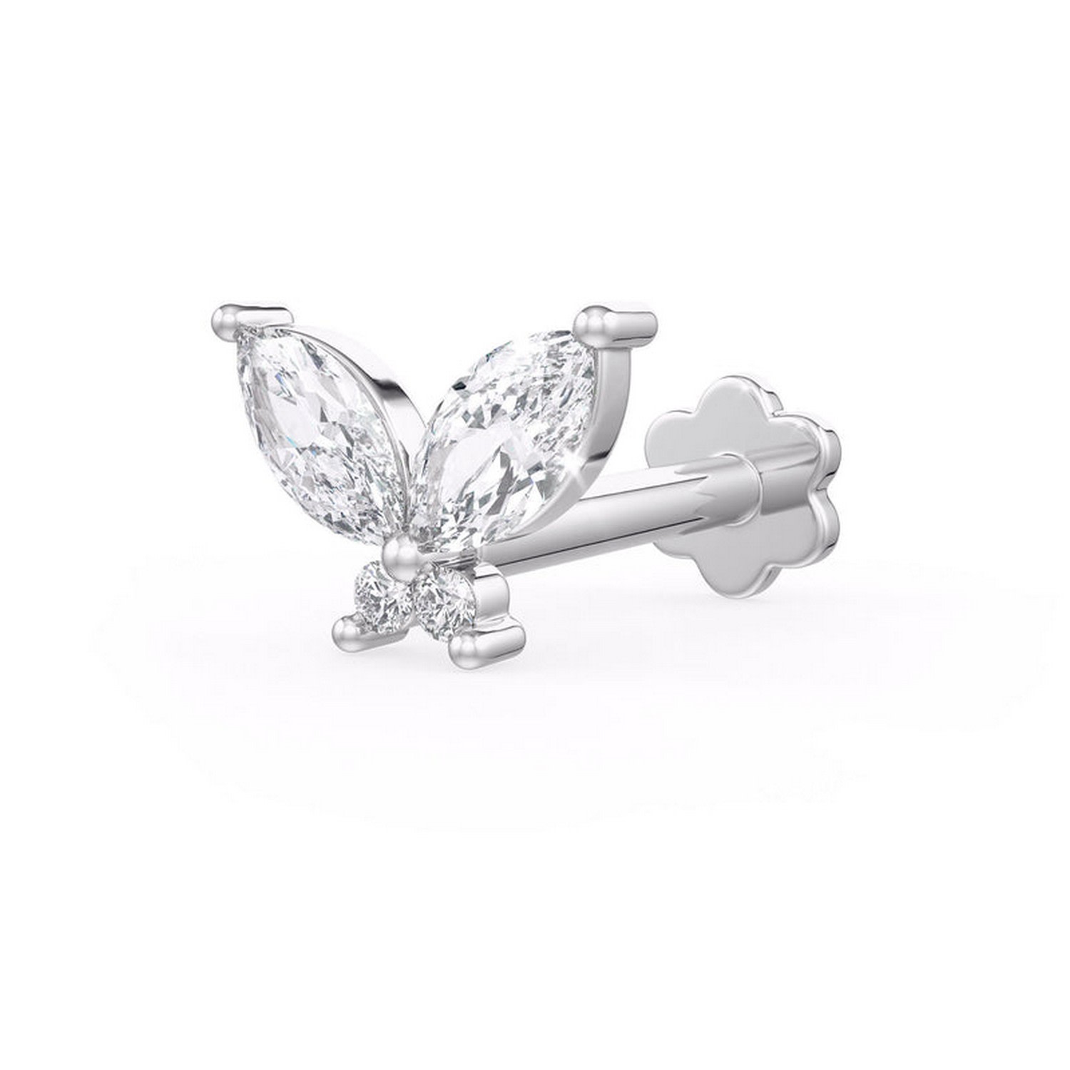 Cervin Blanc Women's Diamond Nose Pin Stud In White Gold Marquise Cut Butterfly Screwback Flat Back Piercing In White