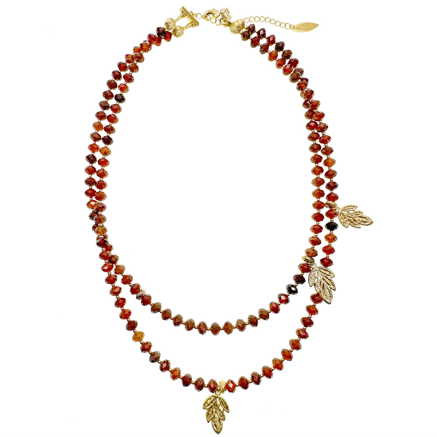 Farra Women's Yellow / Orange Birthstone Orange Garnet With Leaves Charms Double Strands Necklace In Red