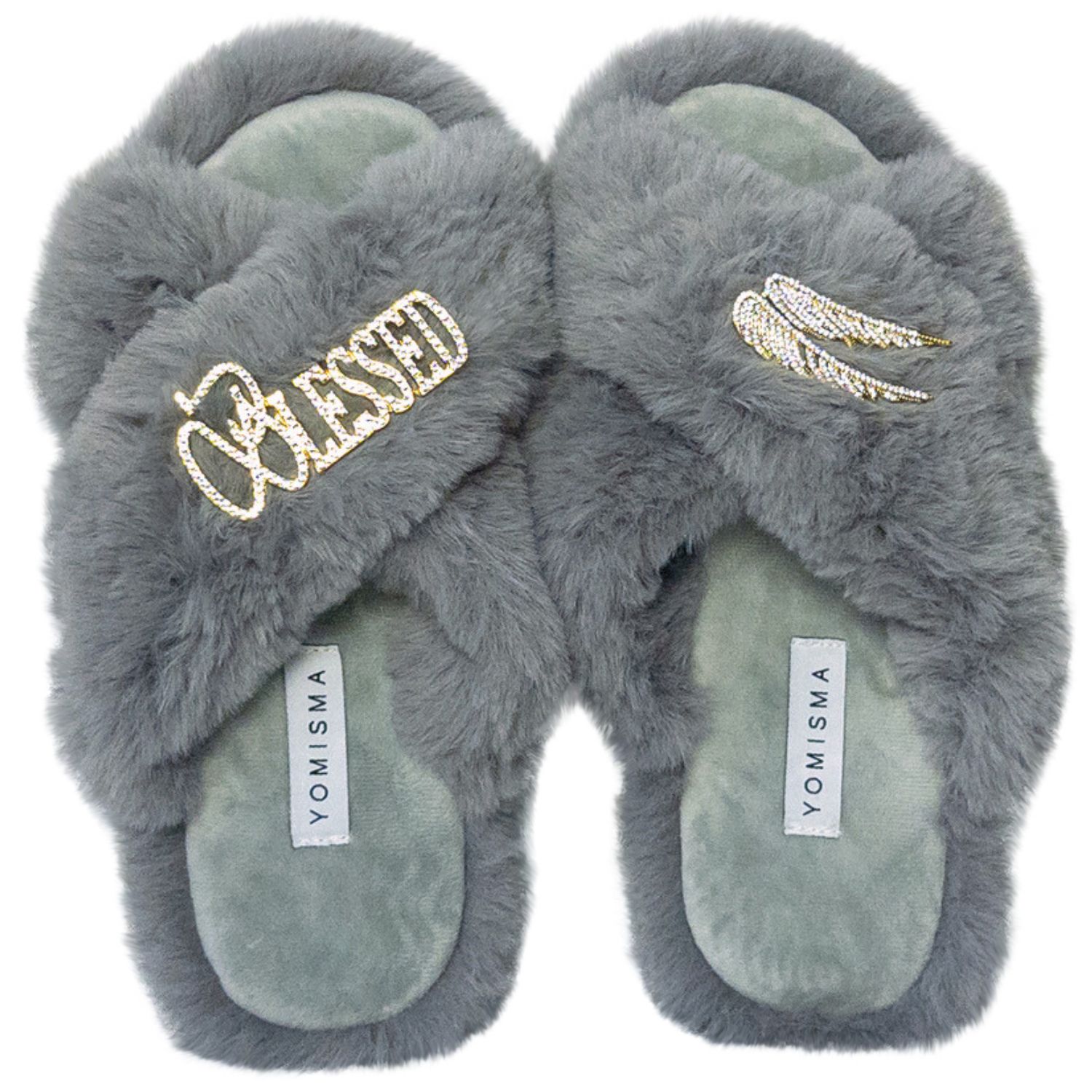 Yomisma Women's Neutrals / Grey Eco Faux Fur Slippers With Blessed & Angel Wing Brooches - Grey In Gray