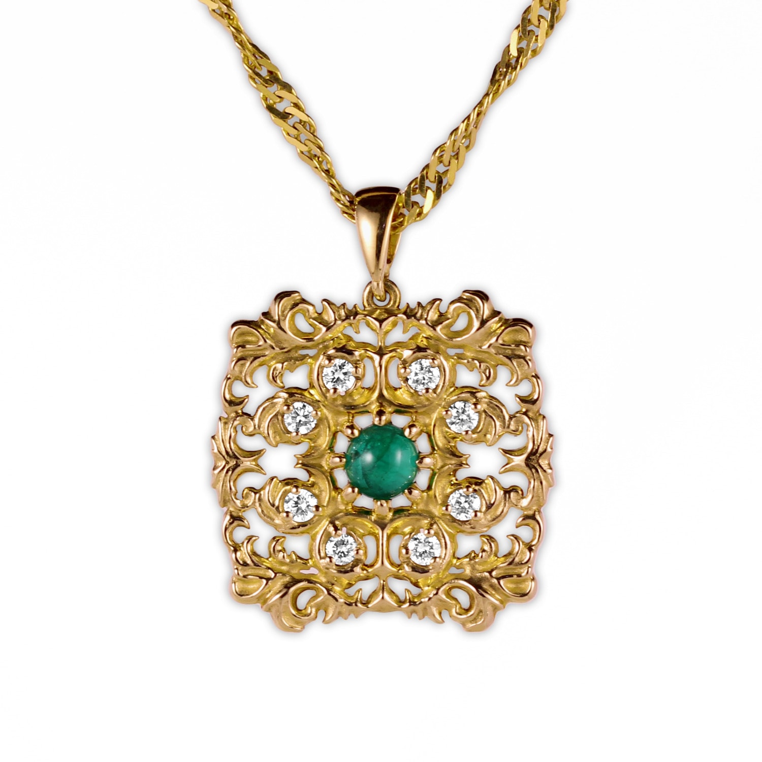 Women’s Green / White / Gold Cocktail Emerald Pendant Necklace With Diamonds In 14K Yellow Gold G & D Unique Designs