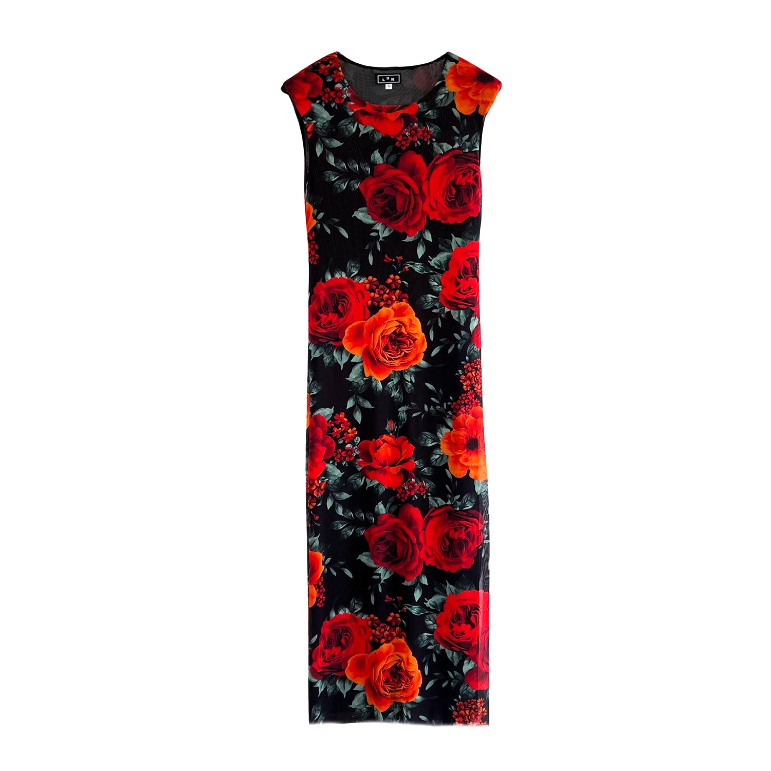 L2r The Label Women's Black / Red Shoulder Pad Printed Mesh Dress In Floral Red & Black In Black/red