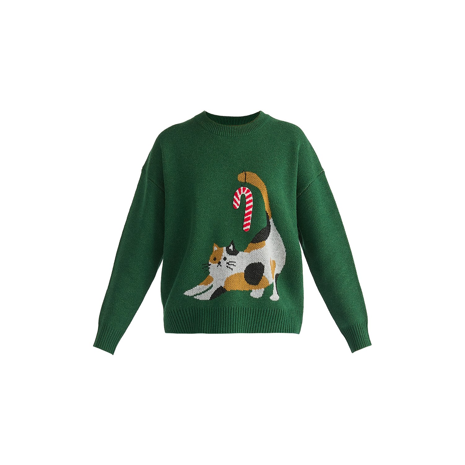 Paisie Women's Christmas Jumper With Cat & Candy Cane In Green In Green
