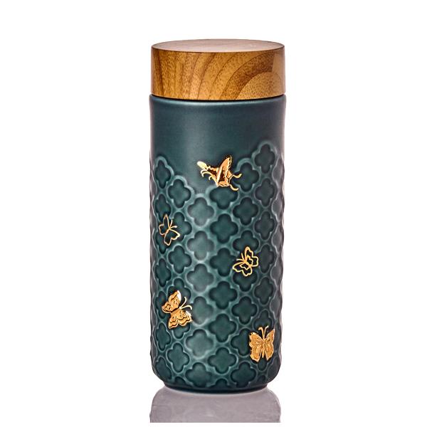 Gold / Green Butterfly Tea Tumbler - Peacock Green And Hand-Painted Gold Acera