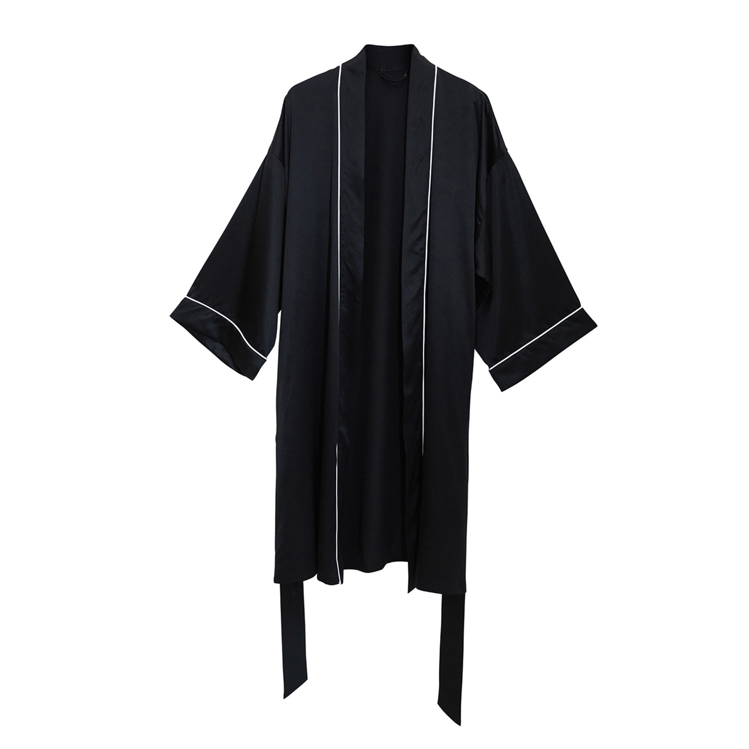 Soft Strokes Silk Women's Pasithea - Kimono Pure Silk Robe - Knee Length Double Belts And Pockets - Black In Black