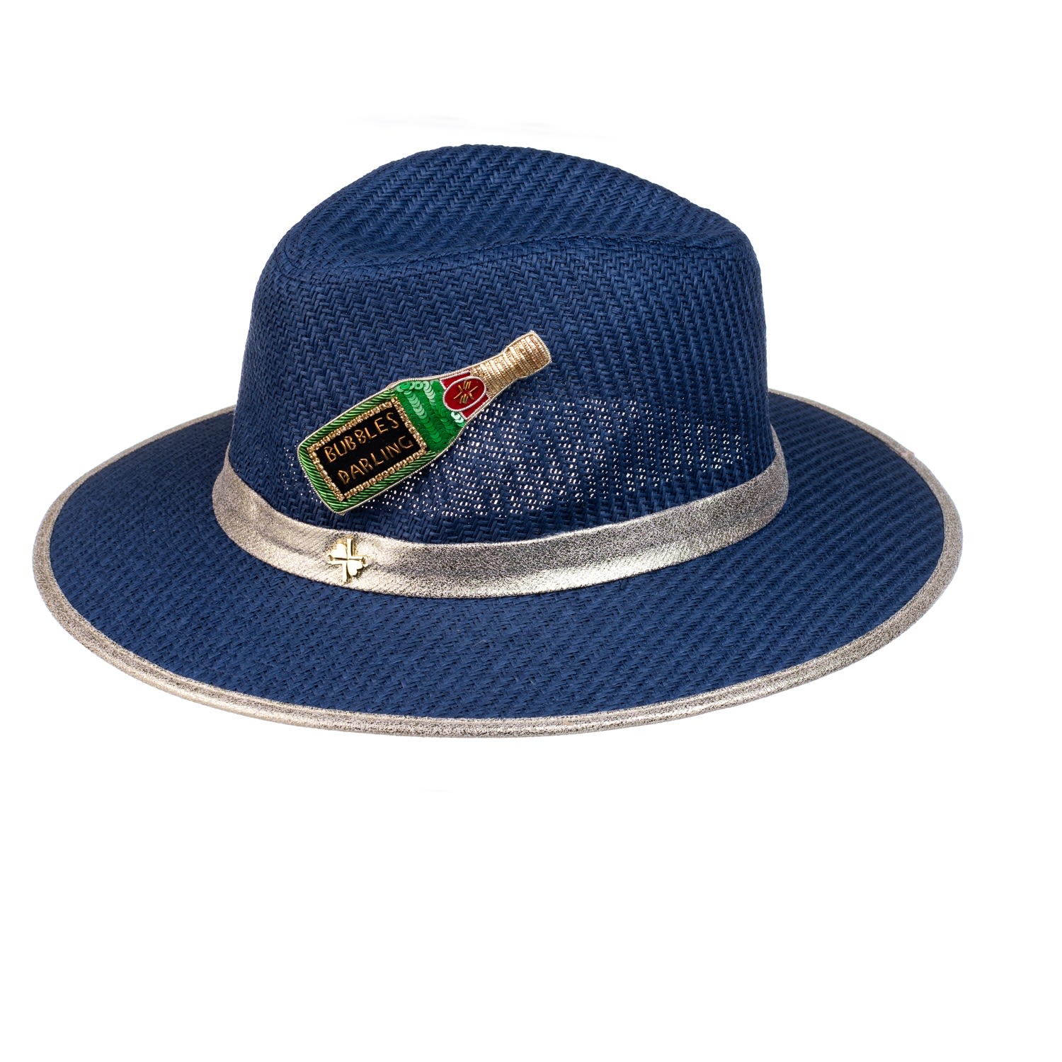 Women’s Blue Straw Woven Hat With Embellished Bubbles Darling Brooch - Navy One Size Laines London