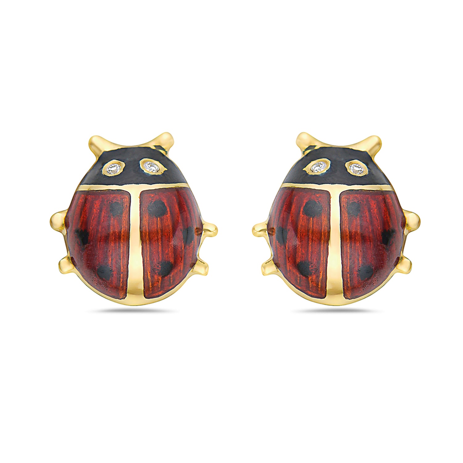Artisan Gold / White Ladybug Enamel Stud Earrings With Diamonds In Yellow Gold In Multi