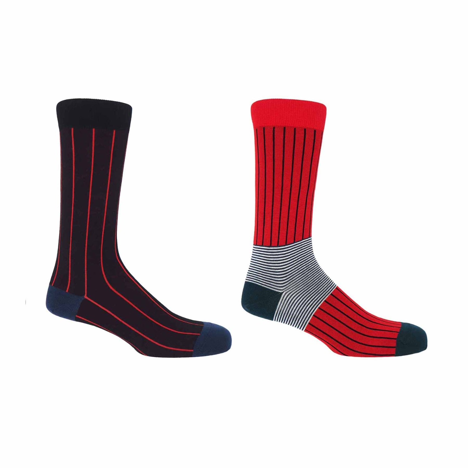 Black Pin Stripe & Scarlet Oxford Stripe Men’s Socks 2 Pack One Size Peper Harow - Made in England