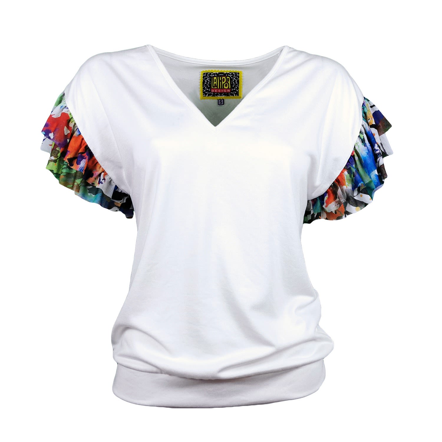 Lalipop Design Women's White V-neck Viscose Blouse With Tulle Ruffle Sleeves In White