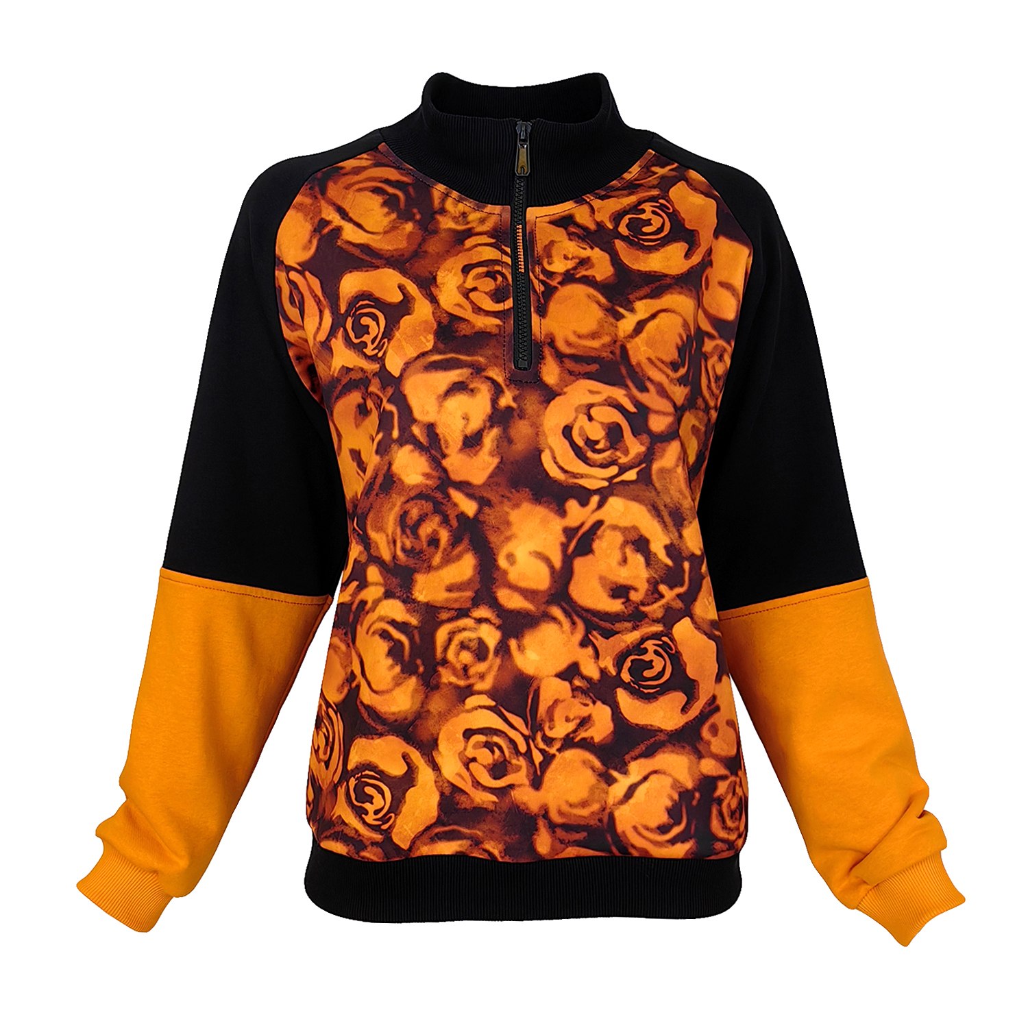 Lalipop Design Women's Floral Print Color Block Half-zip Sweatshirt In Orange