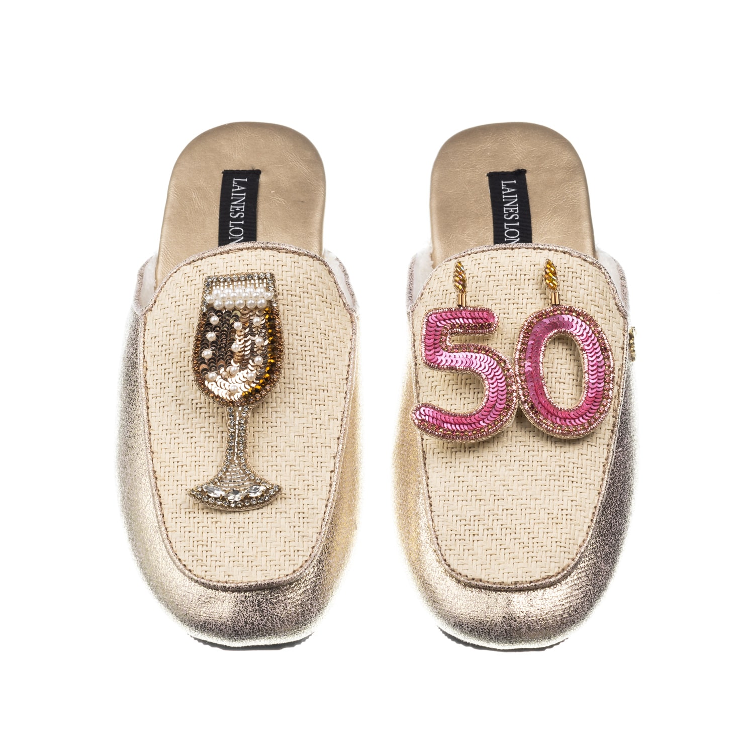 Laines London Women's Gold / Neutrals Classic Mules With 50th Birthday & Glass Of Champagne Brooches - Cream & Gol