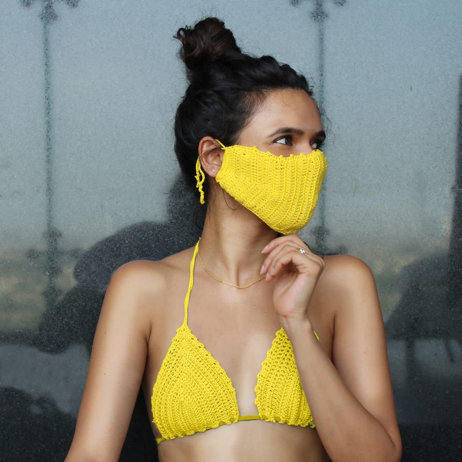 Download Crochet Face Mask In Yellow Crokini Swim Wolf Badger PSD Mockup Templates