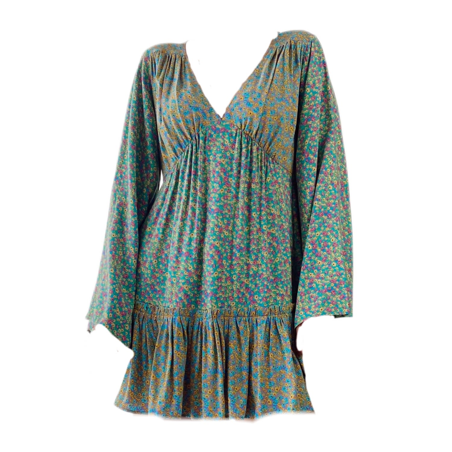 Chillax Women's Green / Blue Dahlia Floral Printed Tempest Kimono Sleeve Mini Dress In Green/blue