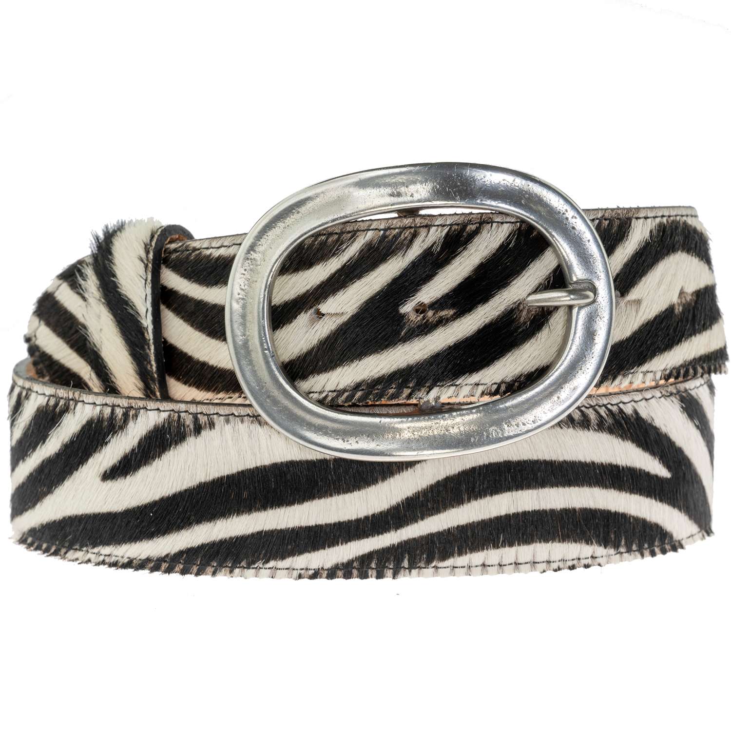 Peachy Belts Ltd Women's Zebra Cowhide Belt & Detachable Chunky Oval Buckle In Black/gray/white