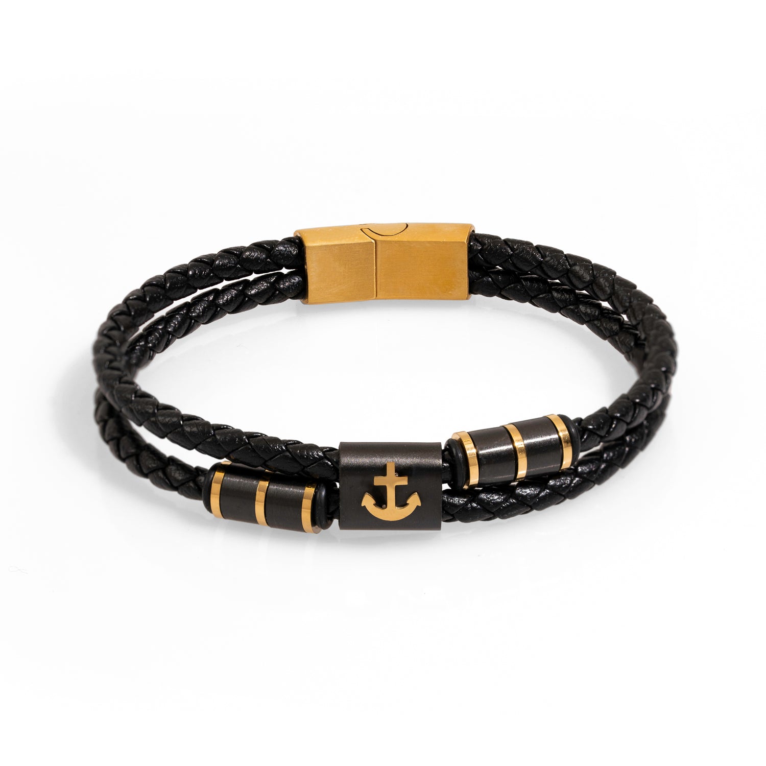 Ebru Jewelry Gold / Black Gold Anchor Design Black Leather Men's Style Bracelet - Gold