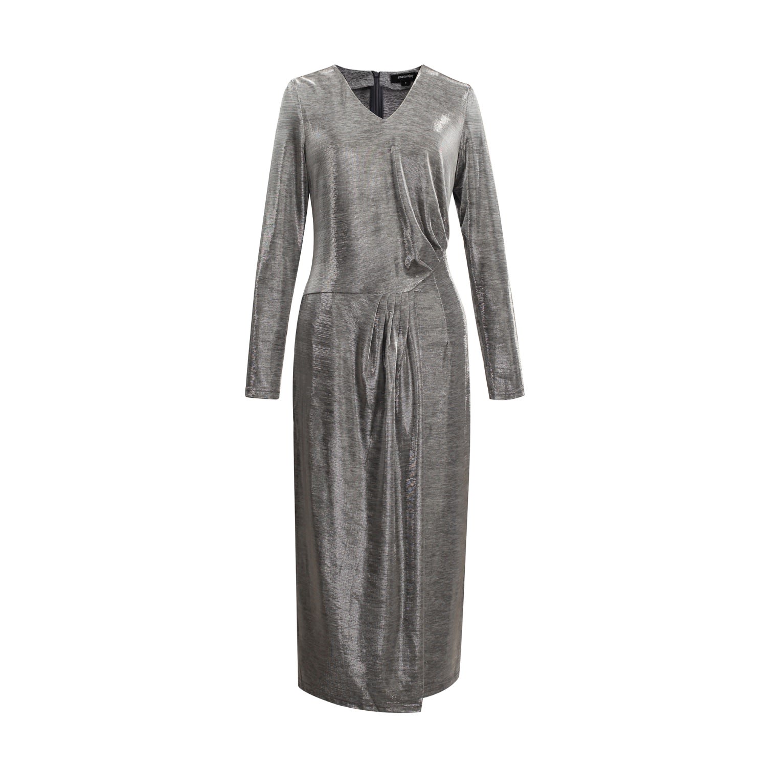 Women's Grey Asymmetric Rushed Effect Shiny Cocktail Dress