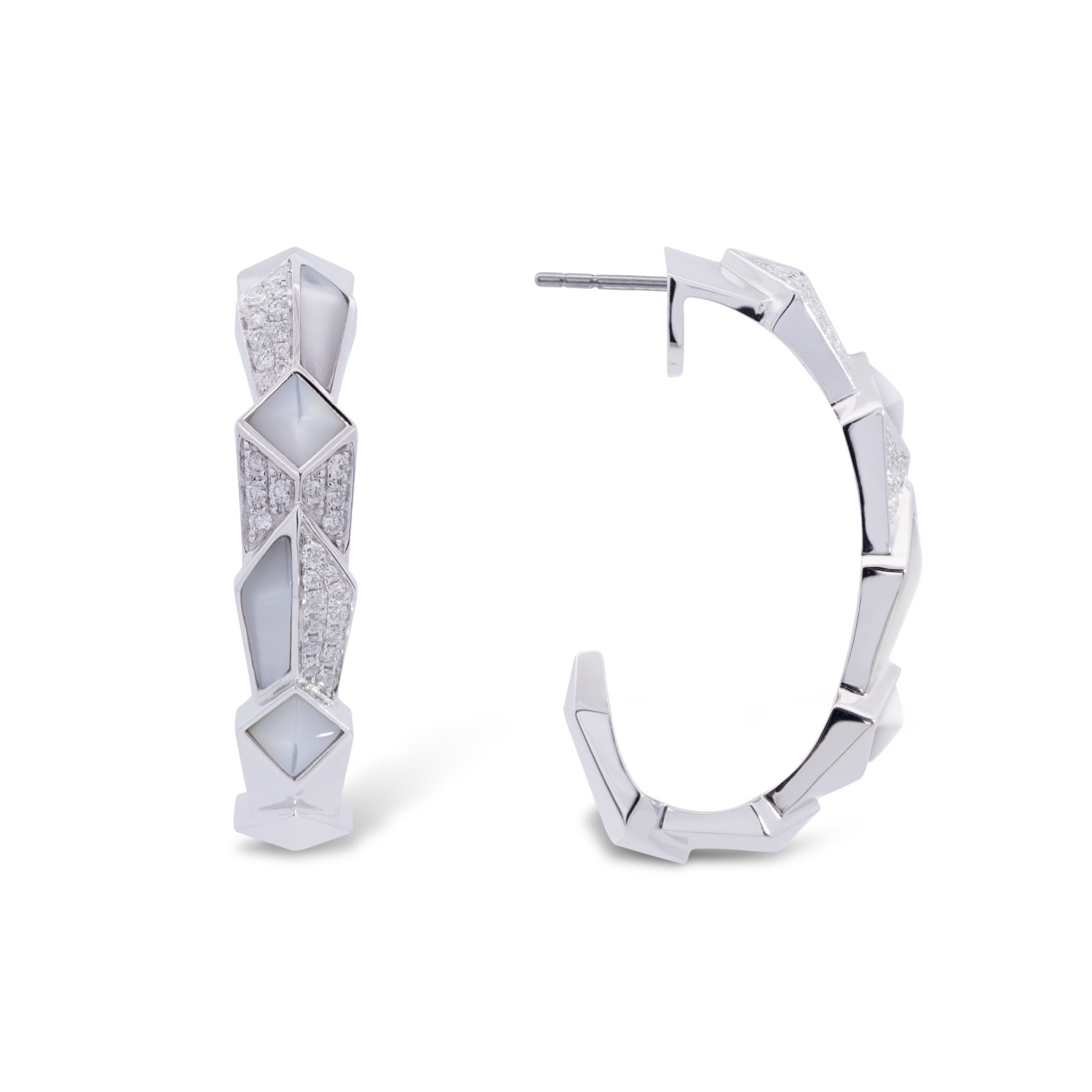 Women’s Silver / White Edgy Oval Hoops In Solid White Gold, Diamonds, And White Mother-Of-Pearl Simone Jewels