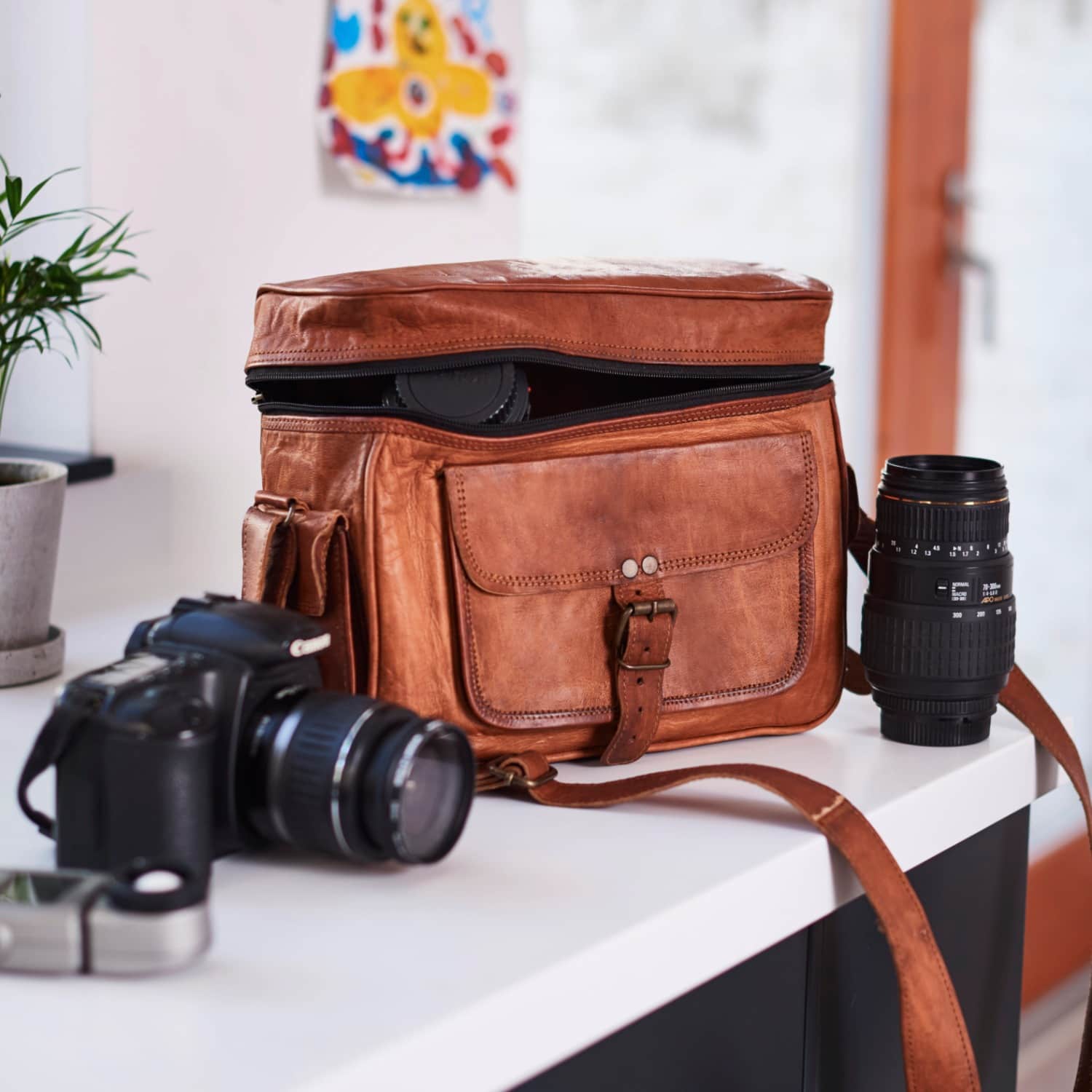 Tan leather camera bag sale