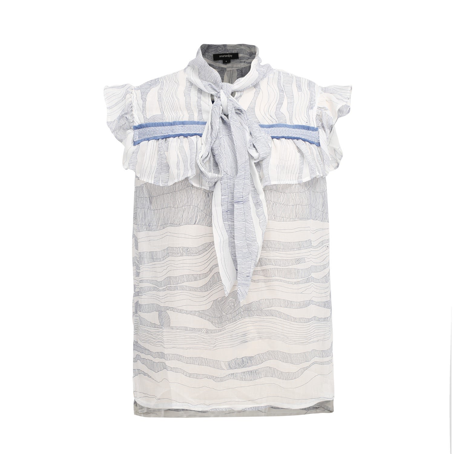 Women's White Linear Wave Print Ruffle Top