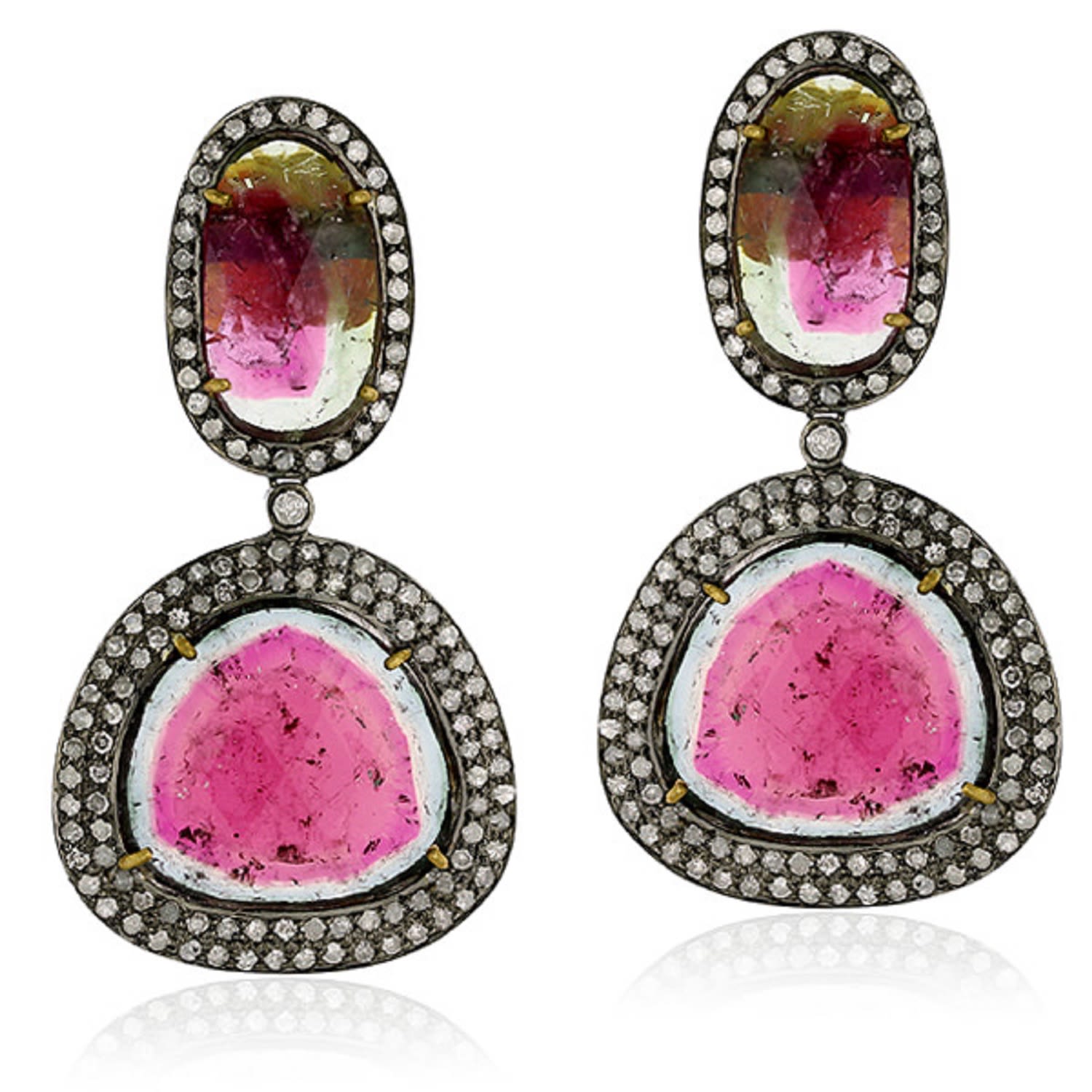 Women’s Gold / Pink / Purple 18K Yellow Gold 925 Silver With Melon Tourmaline & Pave Diamond Designer Dangle Earrings Artisan