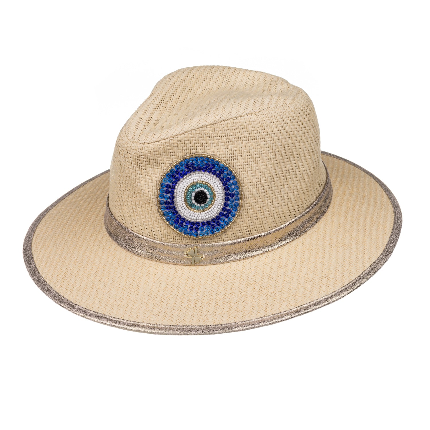 Women’s Neutrals Straw Woven Hat With Couture Embellished Evil Eye Design - Cream One Size Laines London